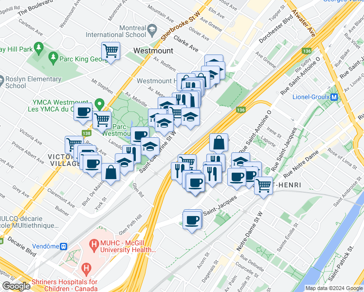 map of restaurants, bars, coffee shops, grocery stores, and more near 111 Avenue Irvine in Westmount