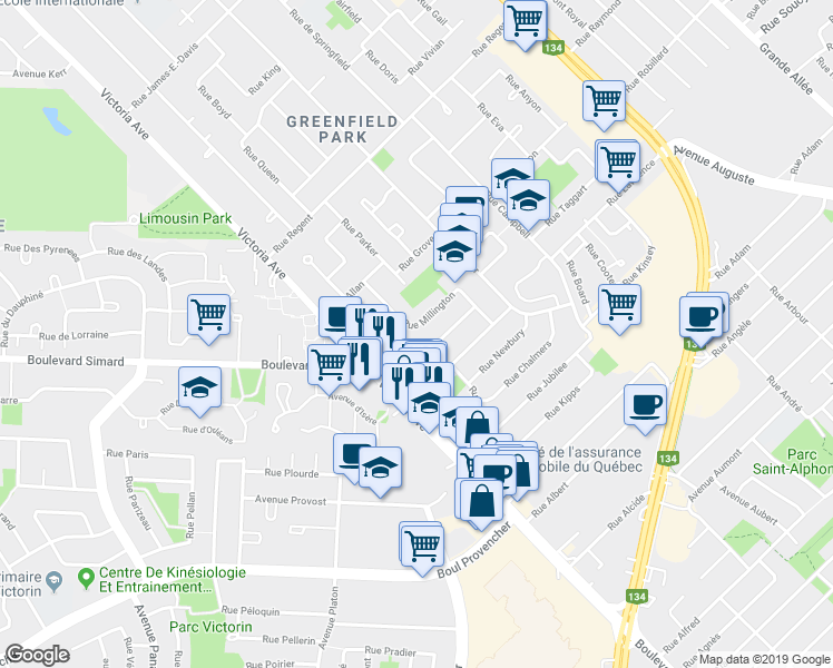 map of restaurants, bars, coffee shops, grocery stores, and more near 781 Rue Millington in Longueuil