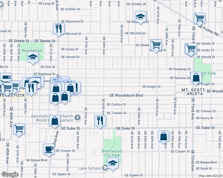 map of restaurants, bars, coffee shops, grocery stores, and more near 6056 SE Knight St in Portland