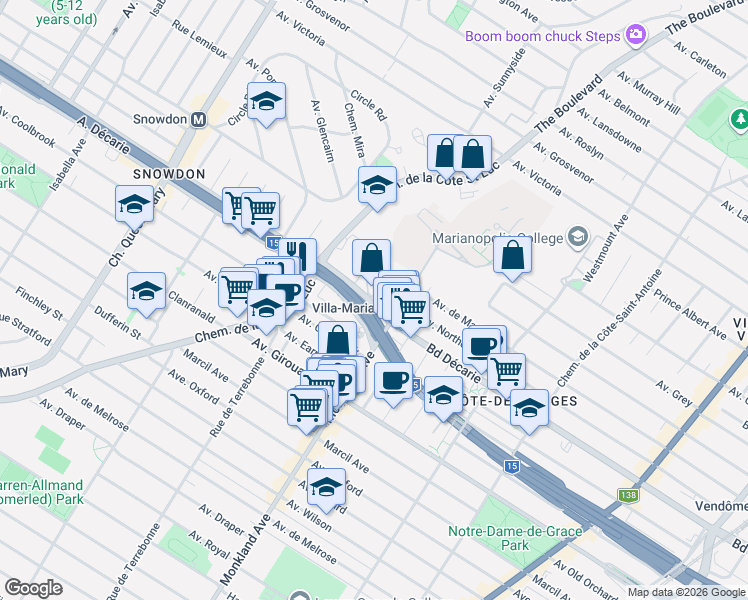 map of restaurants, bars, coffee shops, grocery stores, and more near 4363 Boulevard Décarie in Montréal