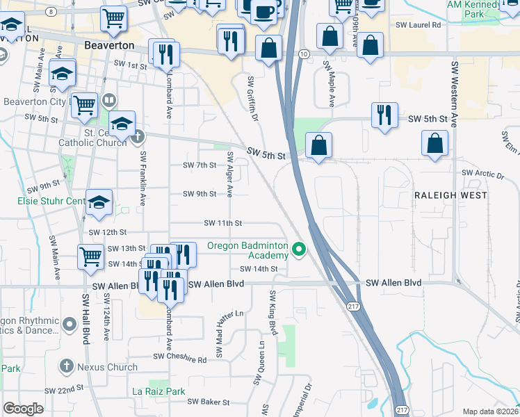map of restaurants, bars, coffee shops, grocery stores, and more near 5482 Southwest Alger Avenue in Beaverton