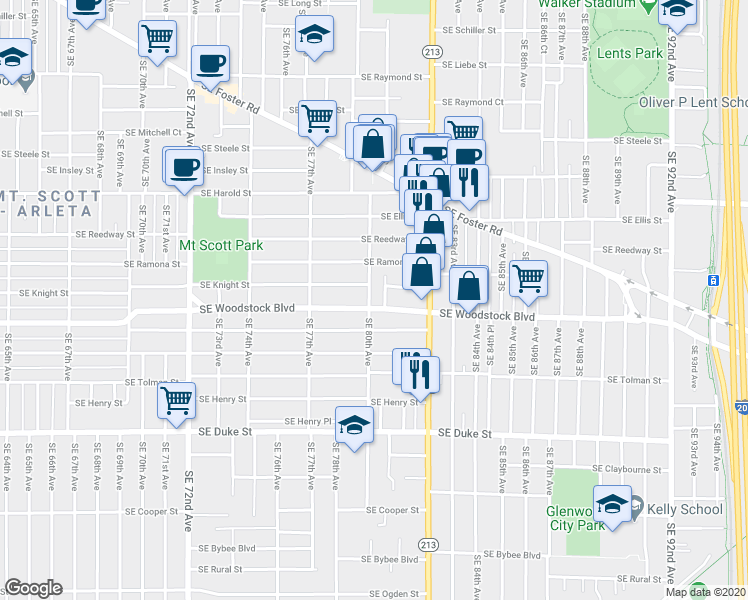 map of restaurants, bars, coffee shops, grocery stores, and more near 5936 Southeast 80th Avenue in Portland