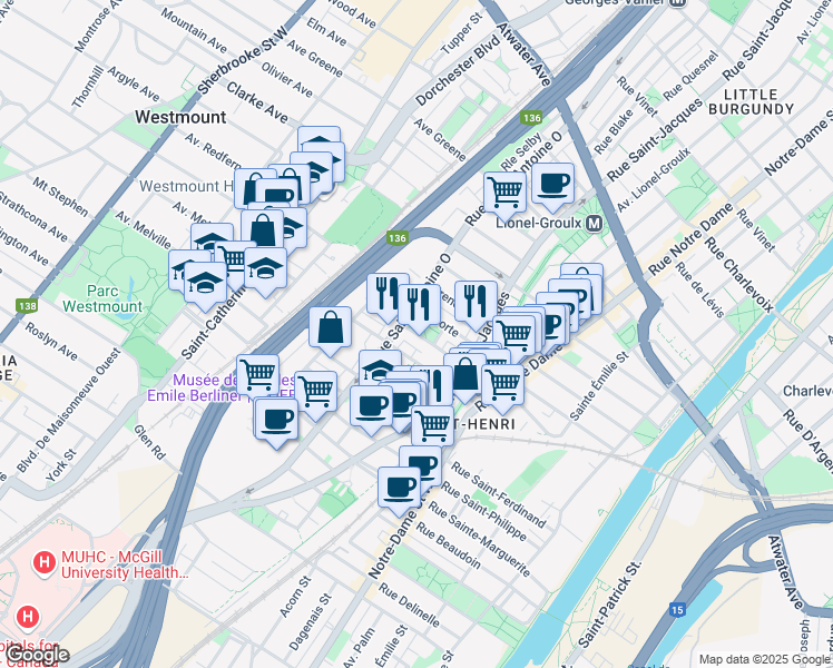 map of restaurants, bars, coffee shops, grocery stores, and more near 838 Rue Agnès in Montreal