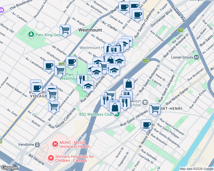map of restaurants, bars, coffee shops, grocery stores, and more near 111 Avenue Irvine in Westmount
