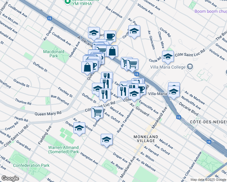 map of restaurants, bars, coffee shops, grocery stores, and more near 5512 Avenue Avonmore in Montréal