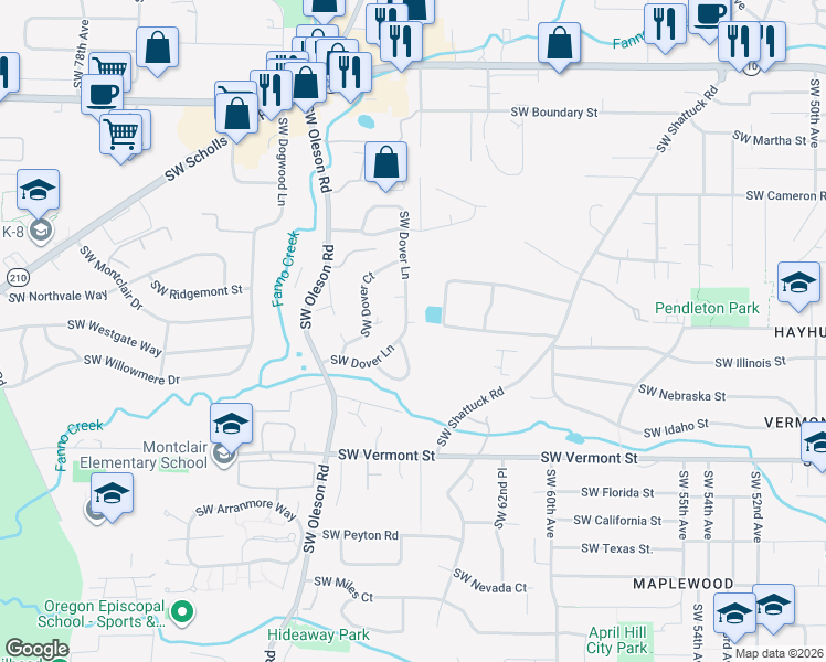 map of restaurants, bars, coffee shops, grocery stores, and more near 5410 Southwest Dover Lane in Portland