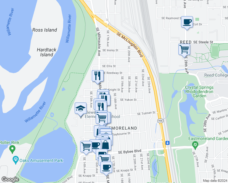 map of restaurants, bars, coffee shops, grocery stores, and more near 5907 Southeast 18th Avenue in Portland