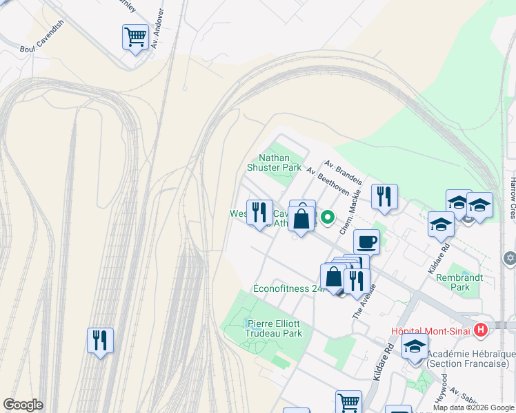 map of restaurants, bars, coffee shops, grocery stores, and more near 6030 Boulevard Cavendish in Côte Saint-Luc
