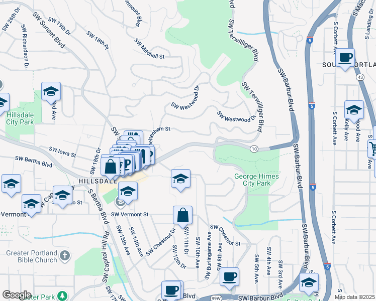 map of restaurants, bars, coffee shops, grocery stores, and more near 939 Southwest Vincent Place in Portland