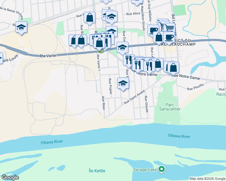 map of restaurants, bars, coffee shops, grocery stores, and more near 96 Rue Poplar in Gatineau