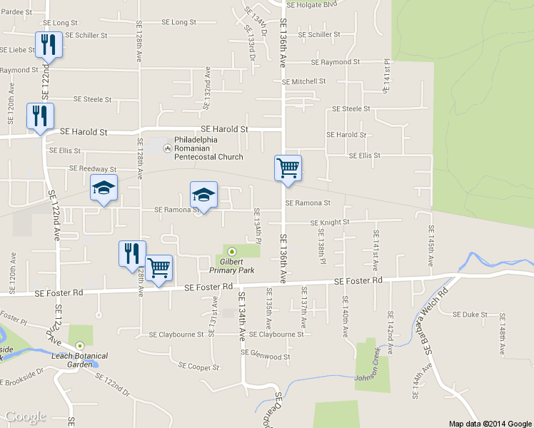 map of restaurants, bars, coffee shops, grocery stores, and more near 13458 Southeast Ramona Street in Portland