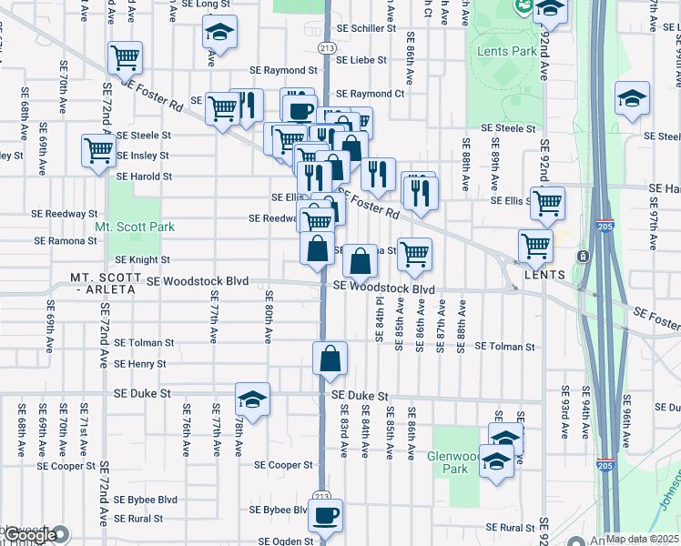 map of restaurants, bars, coffee shops, grocery stores, and more near 5907 Southeast 83rd Avenue in Portland