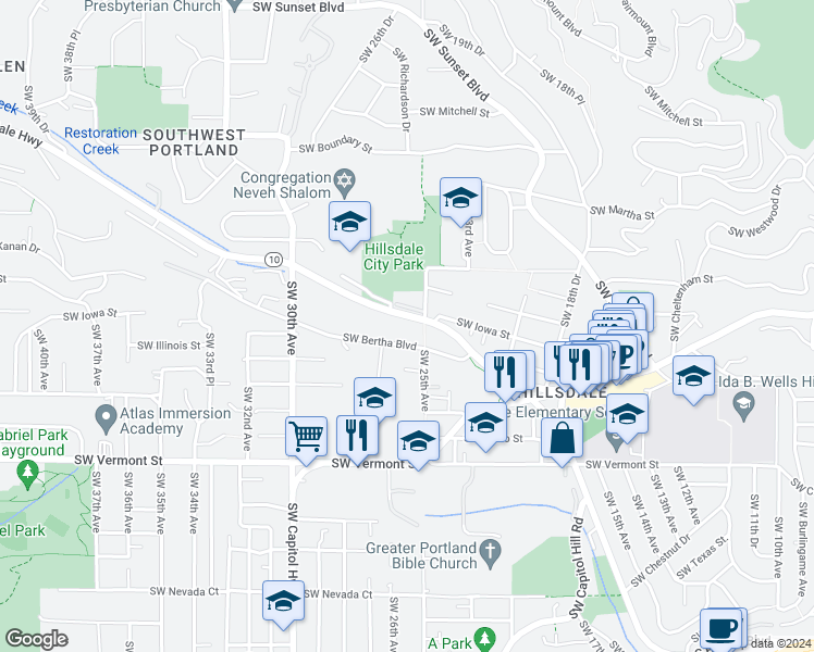 map of restaurants, bars, coffee shops, grocery stores, and more near 2520 Southwest Beaverton Hillsdale Highway in Portland