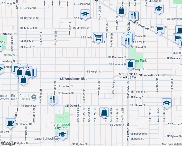 map of restaurants, bars, coffee shops, grocery stores, and more near 6542 Southeast Knight Street in Portland