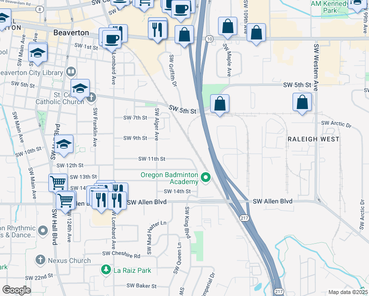 map of restaurants, bars, coffee shops, grocery stores, and more near 5480 Southwest Alger Avenue in Beaverton