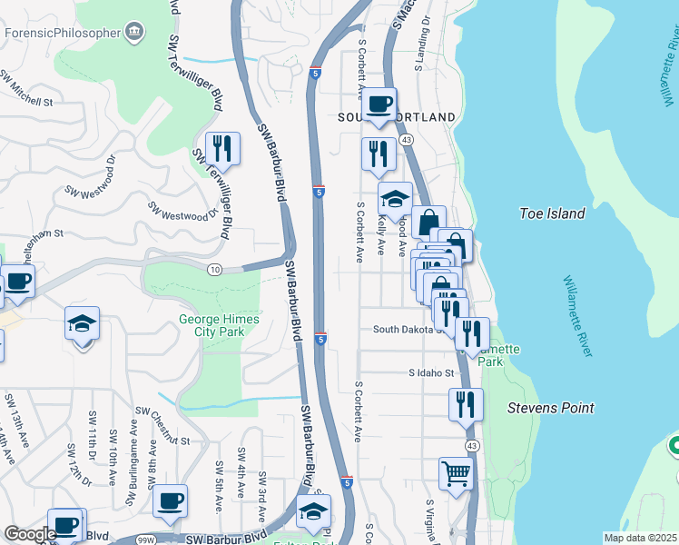 map of restaurants, bars, coffee shops, grocery stores, and more near 25 Southwest Iowa Street in Portland