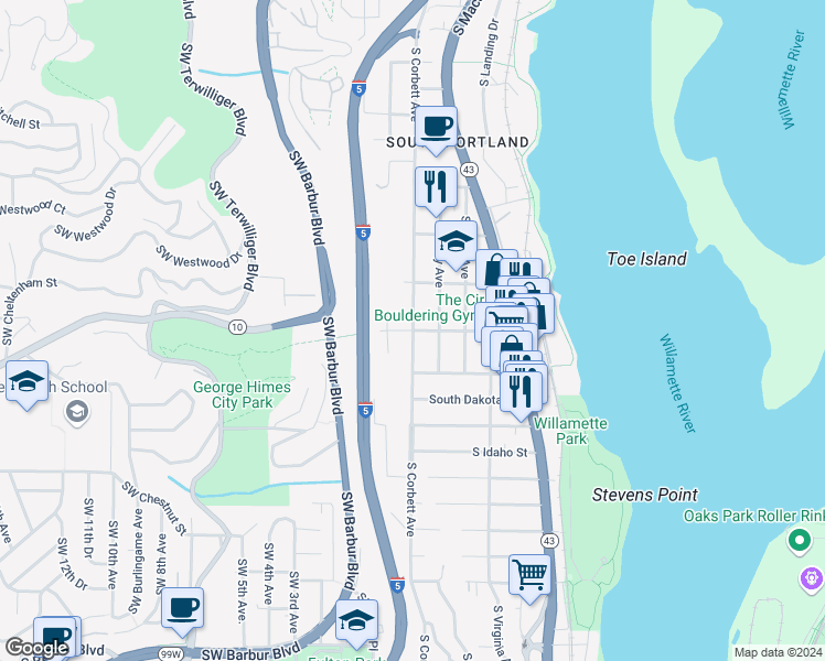 map of restaurants, bars, coffee shops, grocery stores, and more near 199 SW Iowa St in Portland