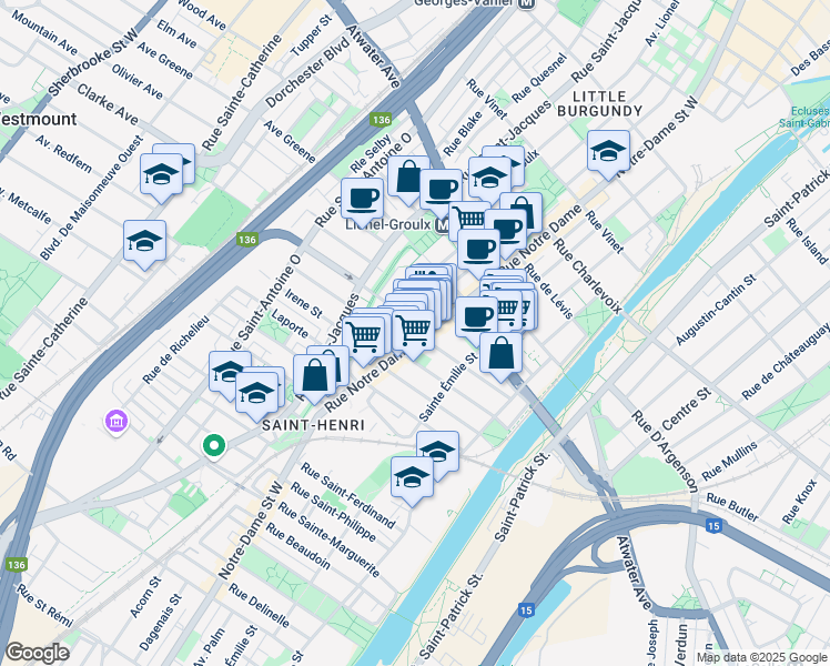 map of restaurants, bars, coffee shops, grocery stores, and more near in Montreal