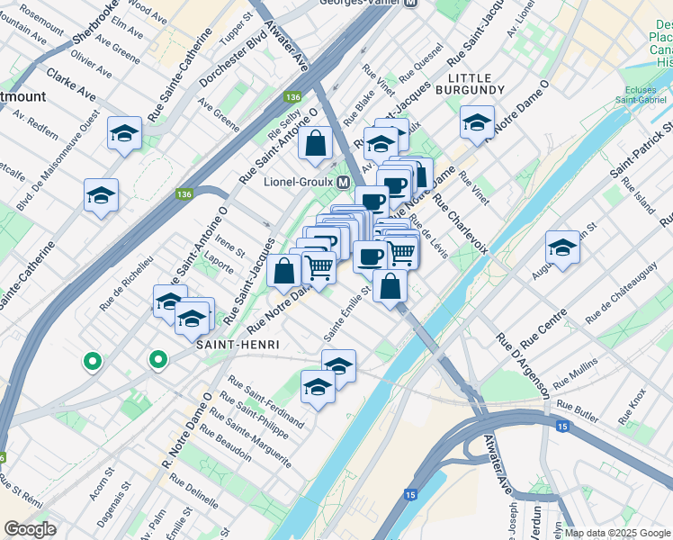 map of restaurants, bars, coffee shops, grocery stores, and more near in Montreal
