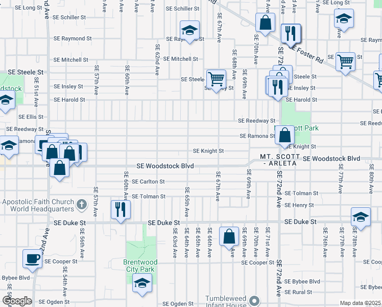 map of restaurants, bars, coffee shops, grocery stores, and more near 6508 Southeast Knight Street in Portland