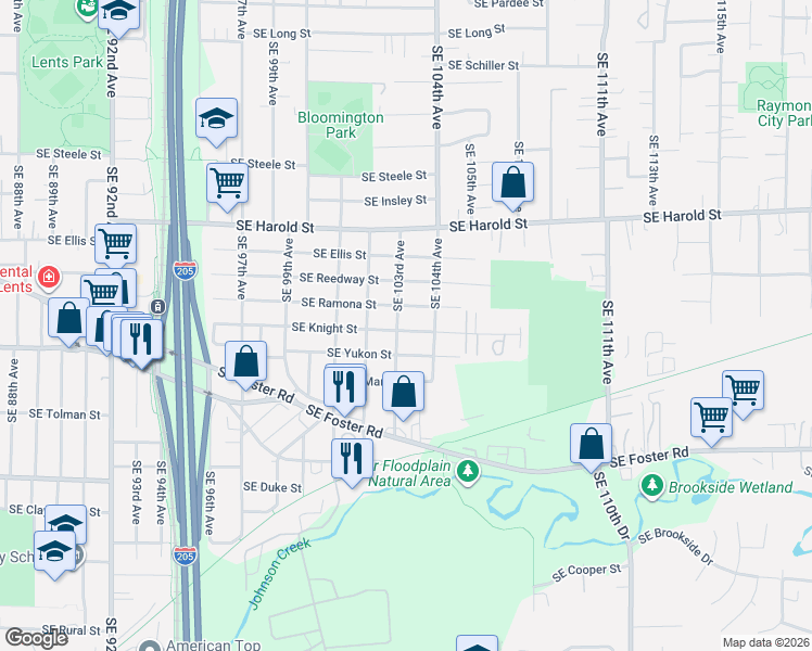 map of restaurants, bars, coffee shops, grocery stores, and more near 5823 Southeast 103rd Avenue in Portland