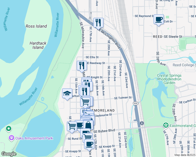 map of restaurants, bars, coffee shops, grocery stores, and more near 5907 Southeast 18th Avenue in Portland
