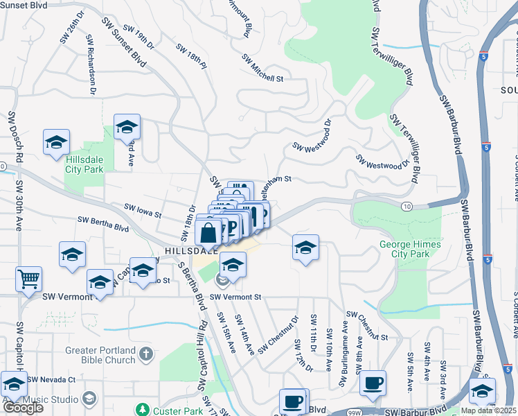 map of restaurants, bars, coffee shops, grocery stores, and more near 1264 Southwest Cheltenham Street in Portland