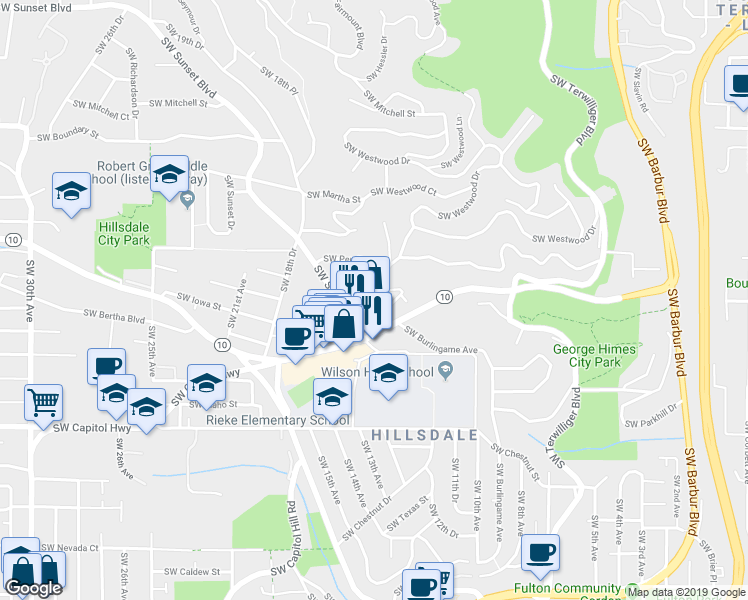 map of restaurants, bars, coffee shops, grocery stores, and more near 1264 Southwest Cheltenham Street in Portland
