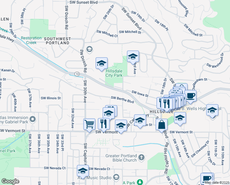 map of restaurants, bars, coffee shops, grocery stores, and more near 2520 Southwest Beaverton Hillsdale Highway in Portland