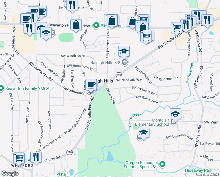 map of restaurants, bars, coffee shops, grocery stores, and more near 8115 Southwest Westgate Way in Portland