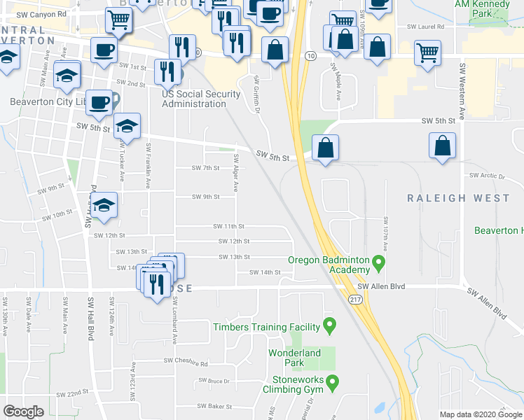map of restaurants, bars, coffee shops, grocery stores, and more near 5482 Southwest Alger Avenue in Beaverton