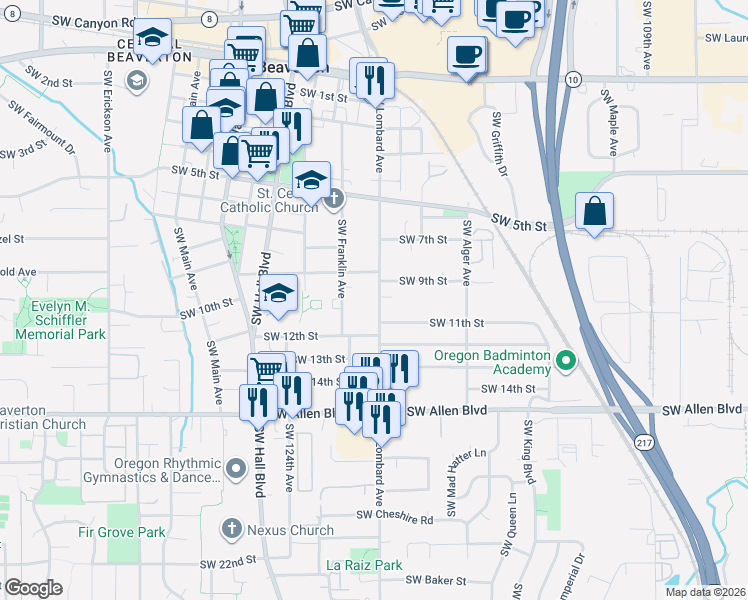 map of restaurants, bars, coffee shops, grocery stores, and more near 5527 Southwest Lombard Avenue in Beaverton