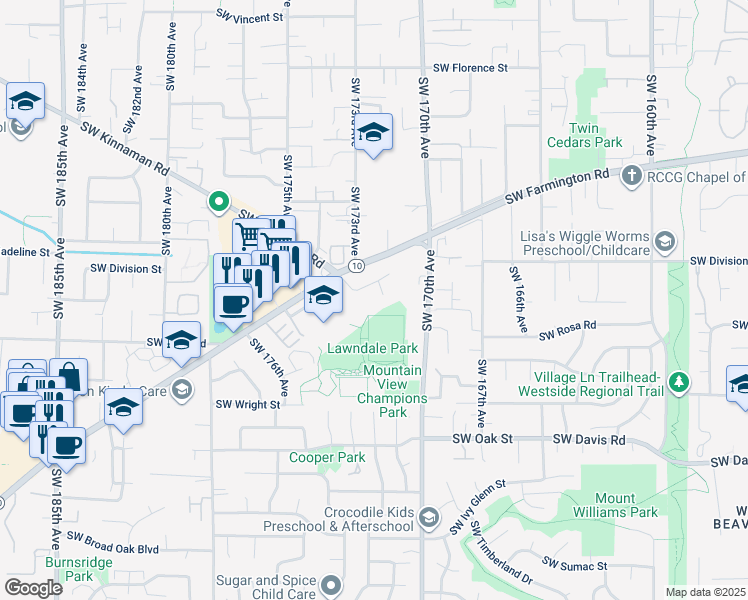 map of restaurants, bars, coffee shops, grocery stores, and more near 17260 Southwest Division Street in Aloha