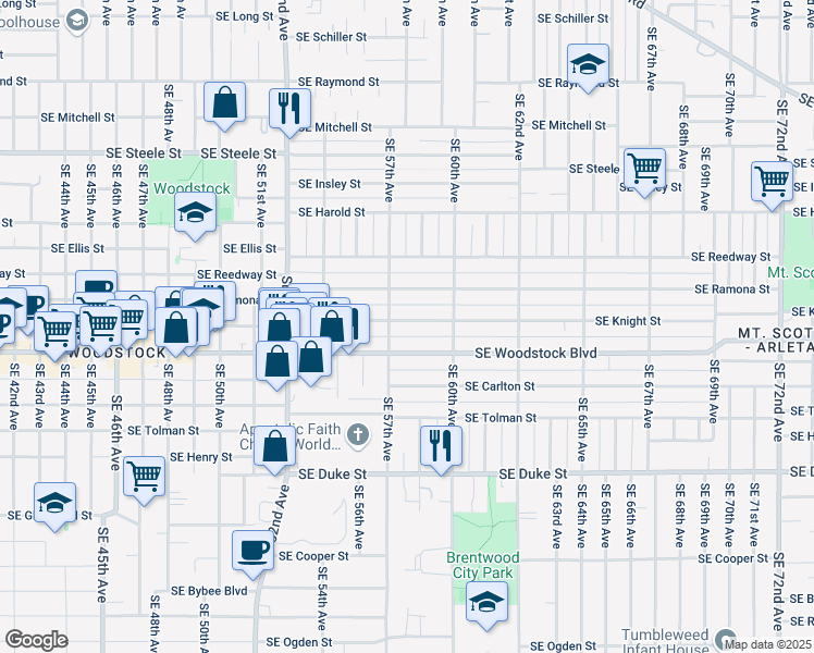 map of restaurants, bars, coffee shops, grocery stores, and more near 5724 Southeast Knight Street in Portland