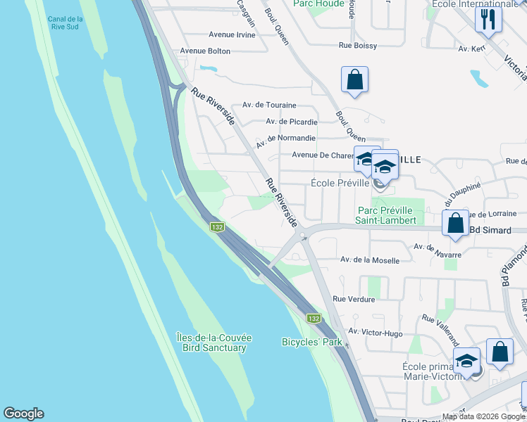 map of restaurants, bars, coffee shops, grocery stores, and more near 20 Avenue du Rhône in Saint-Lambert
