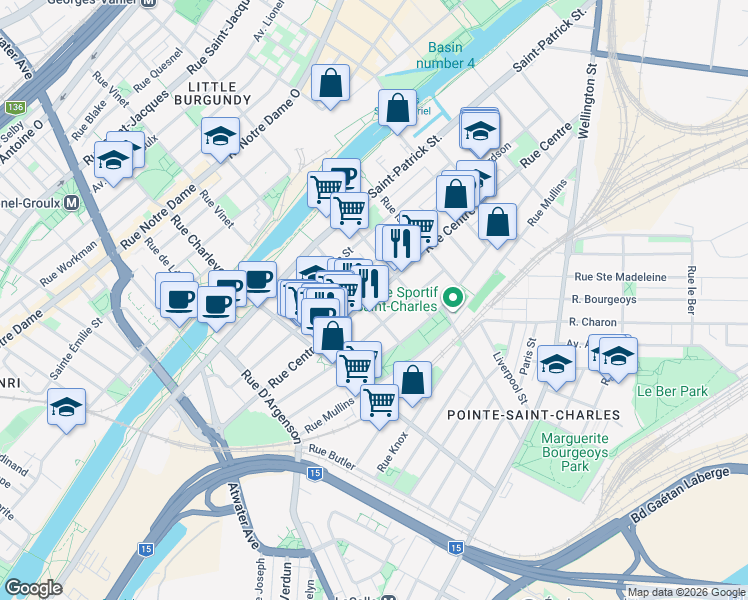 map of restaurants, bars, coffee shops, grocery stores, and more near 2370 Rue du Centre in Montréal