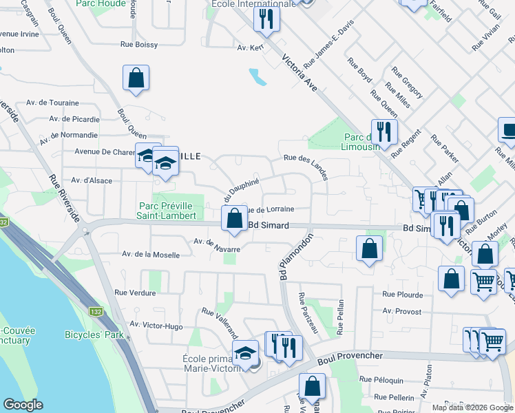 map of restaurants, bars, coffee shops, grocery stores, and more near 221 Rue du Jura in Saint-Lambert