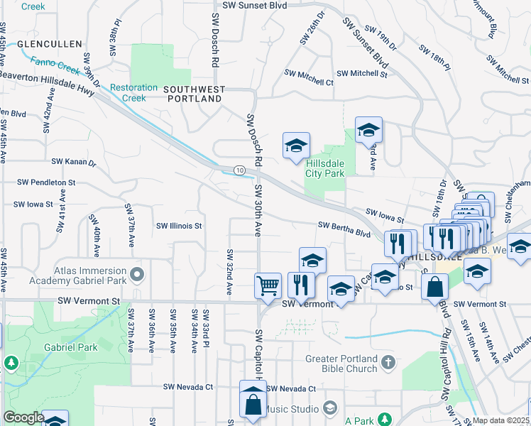 map of restaurants, bars, coffee shops, grocery stores, and more near 2923 SW Bertha Blvd in Portland