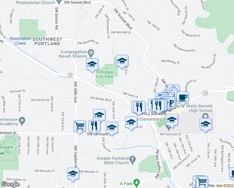 map of restaurants, bars, coffee shops, grocery stores, and more near 2454 Highway 10 in Portland