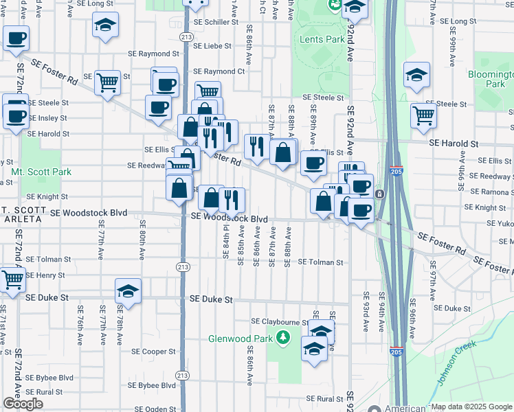 map of restaurants, bars, coffee shops, grocery stores, and more near 5902 Southeast 86th Avenue in Portland