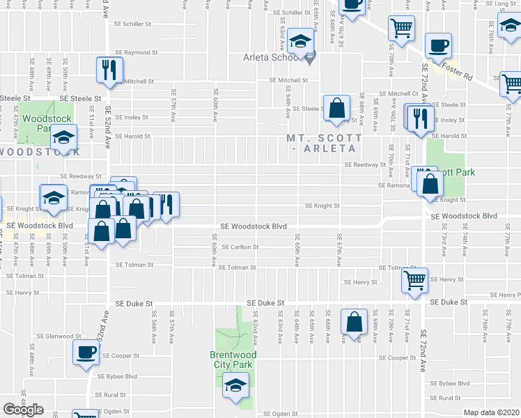 map of restaurants, bars, coffee shops, grocery stores, and more near 6212 Southeast Knight Street in Portland