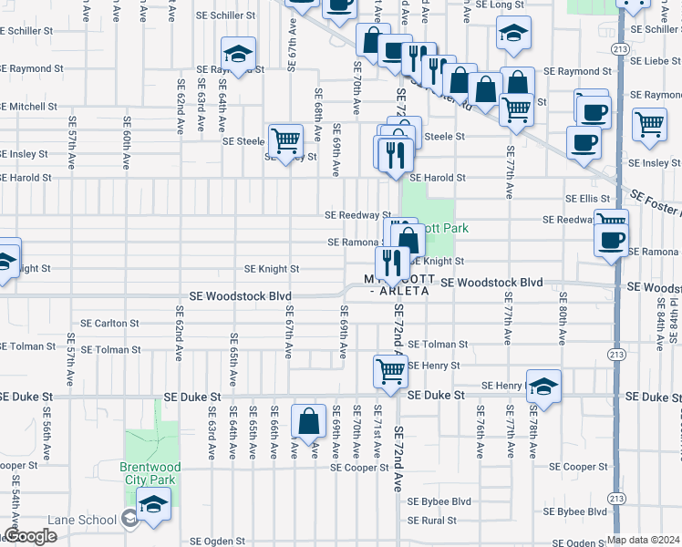 map of restaurants, bars, coffee shops, grocery stores, and more near 6850 Southeast Knight Street in Portland