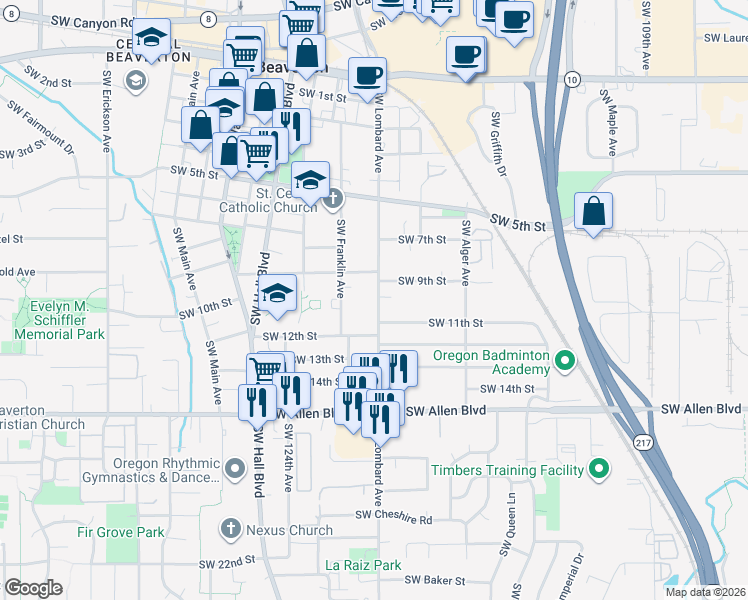 map of restaurants, bars, coffee shops, grocery stores, and more near 5527 Southwest Lombard Avenue in Beaverton