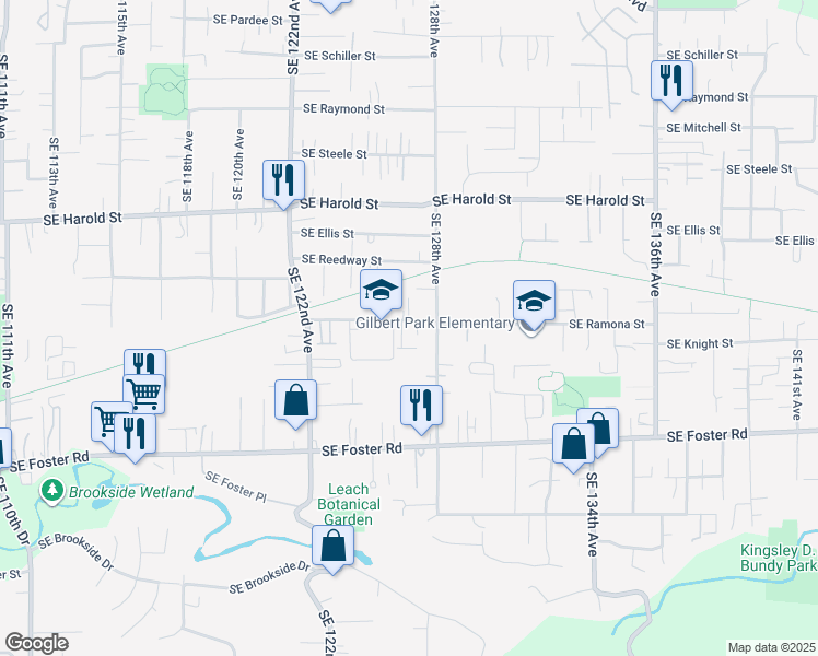 map of restaurants, bars, coffee shops, grocery stores, and more near 12626 Southeast Ramona Street in Portland