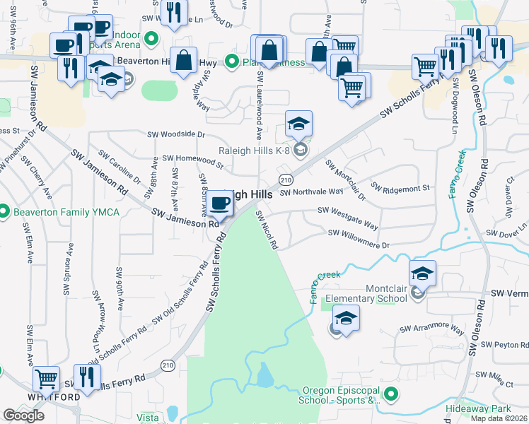 map of restaurants, bars, coffee shops, grocery stores, and more near 8115 Southwest Westgate Way in Portland