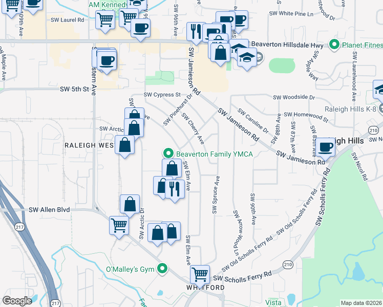 map of restaurants, bars, coffee shops, grocery stores, and more near 5520 Southwest Elm Avenue in Beaverton