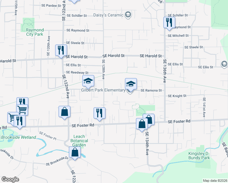 map of restaurants, bars, coffee shops, grocery stores, and more near 12912 Southeast Ramona Street in Portland