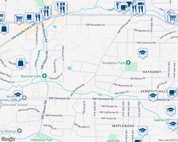 map of restaurants, bars, coffee shops, grocery stores, and more near 6149 Southwest Shattuck Road in Portland