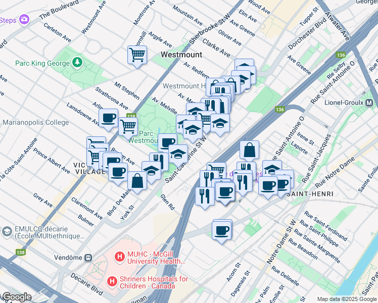 map of restaurants, bars, coffee shops, grocery stores, and more near 6 Place Park in Westmount