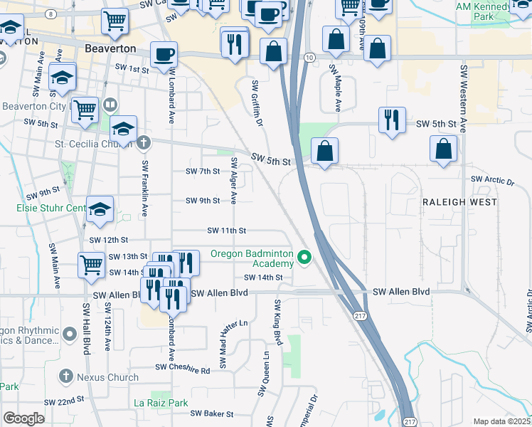 map of restaurants, bars, coffee shops, grocery stores, and more near 5482 Southwest Alger Avenue in Beaverton
